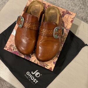 JO Ghost Italian Leather Brown Clogs with Studded Detail, Size 38